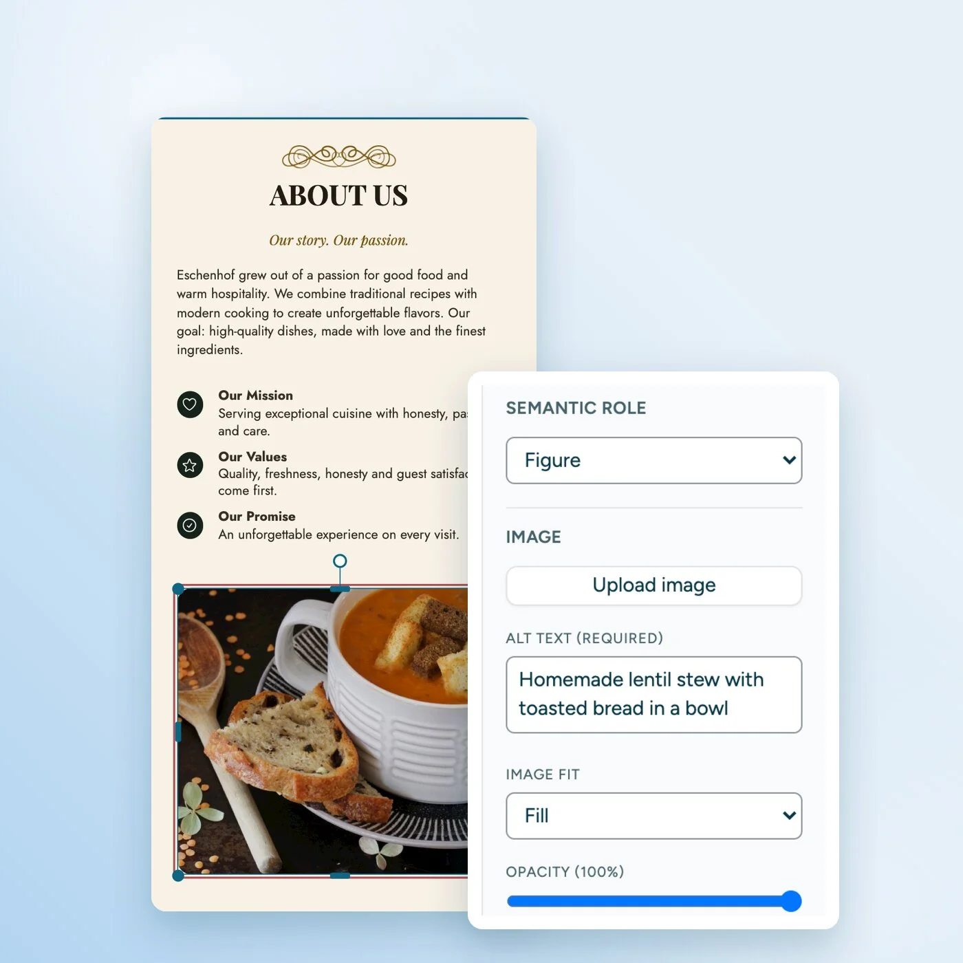 Brochure with a selected photo of a soup. Next to it, the settings with the role "Figure" and the required alt text field.