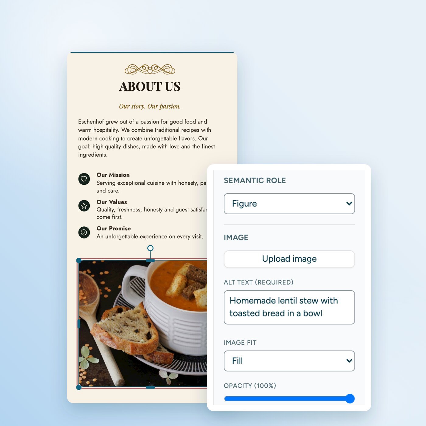 Brochure with a selected photo of a soup. Next to it, the settings with the role "Figure" and the required alt text field.