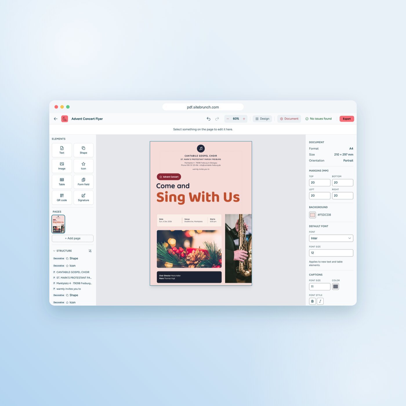 The sitebrunch PDF editor with the "Advent Concert Flyer" template: elements, pages and structure tree on the left, the flyer in the middle, document settings on the right.