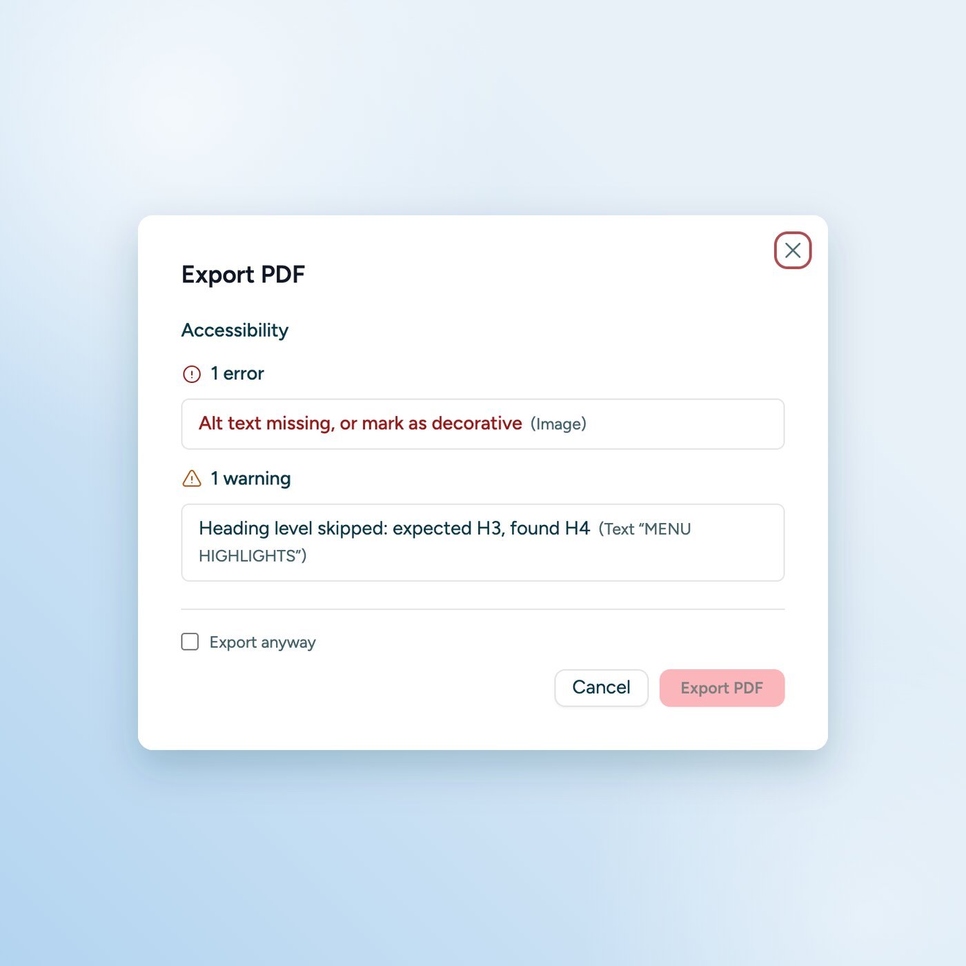 Export dialog of the PDF editor. It shows one accessibility error and one warning before the PDF is created.