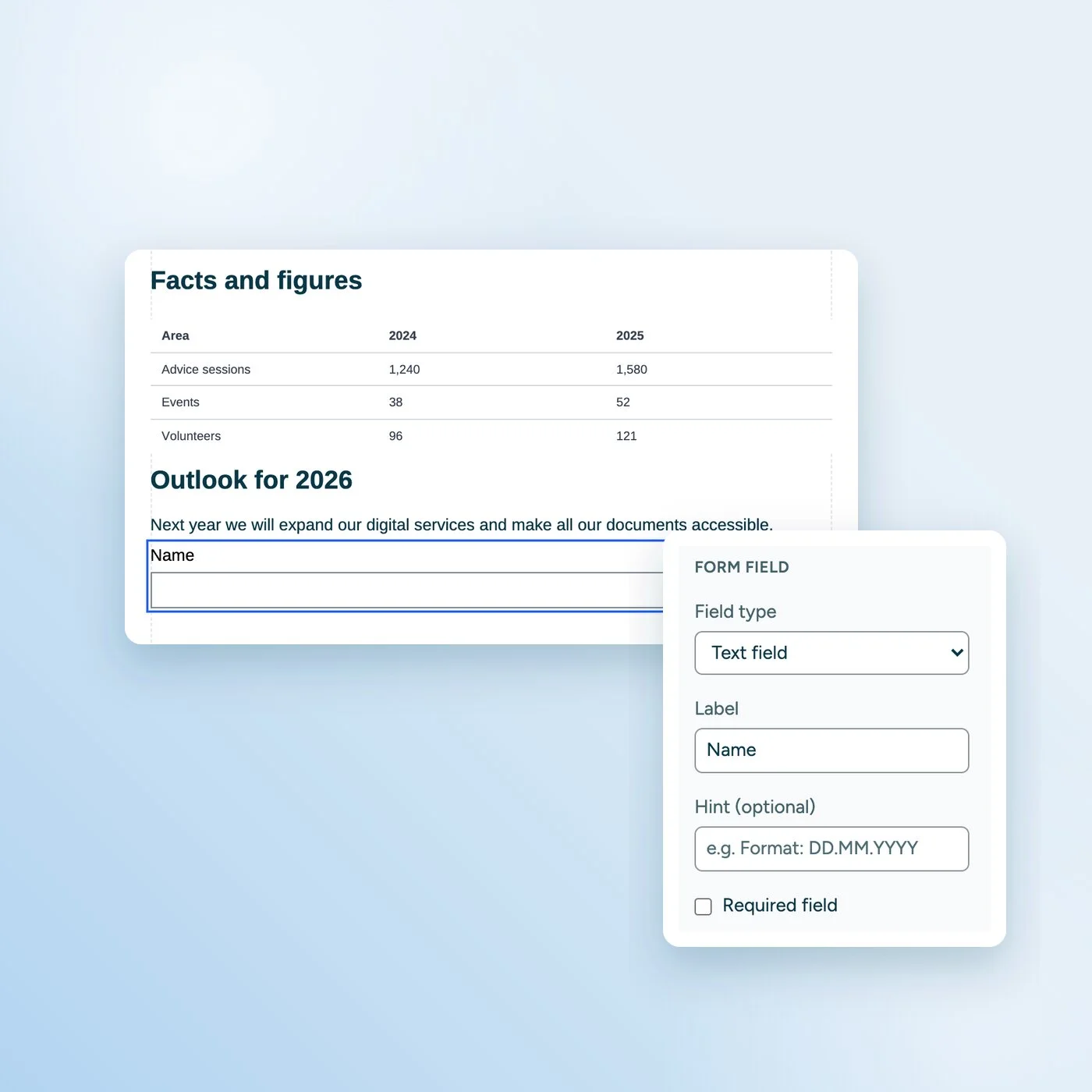 Text field "Name" in a document. Next to it, the settings with field type, label, hint and required field.