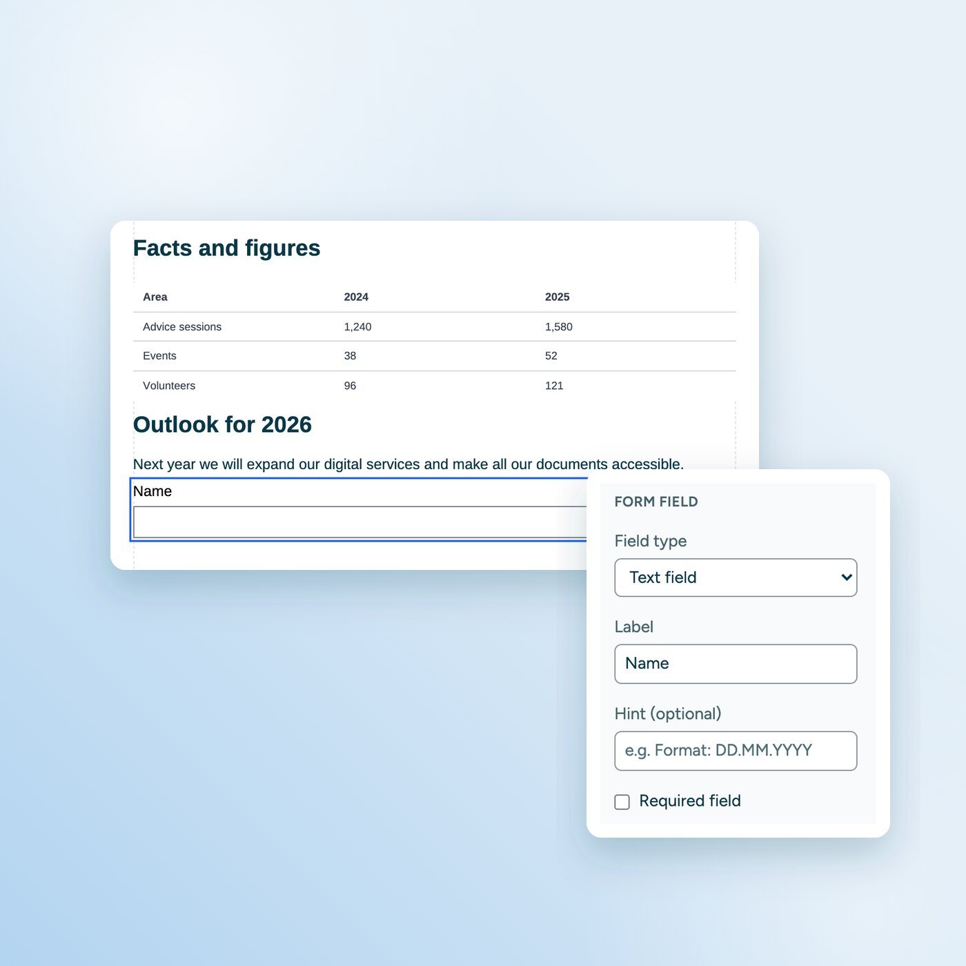 Text field "Name" in a document. Next to it, the settings with field type, label, hint and required field.