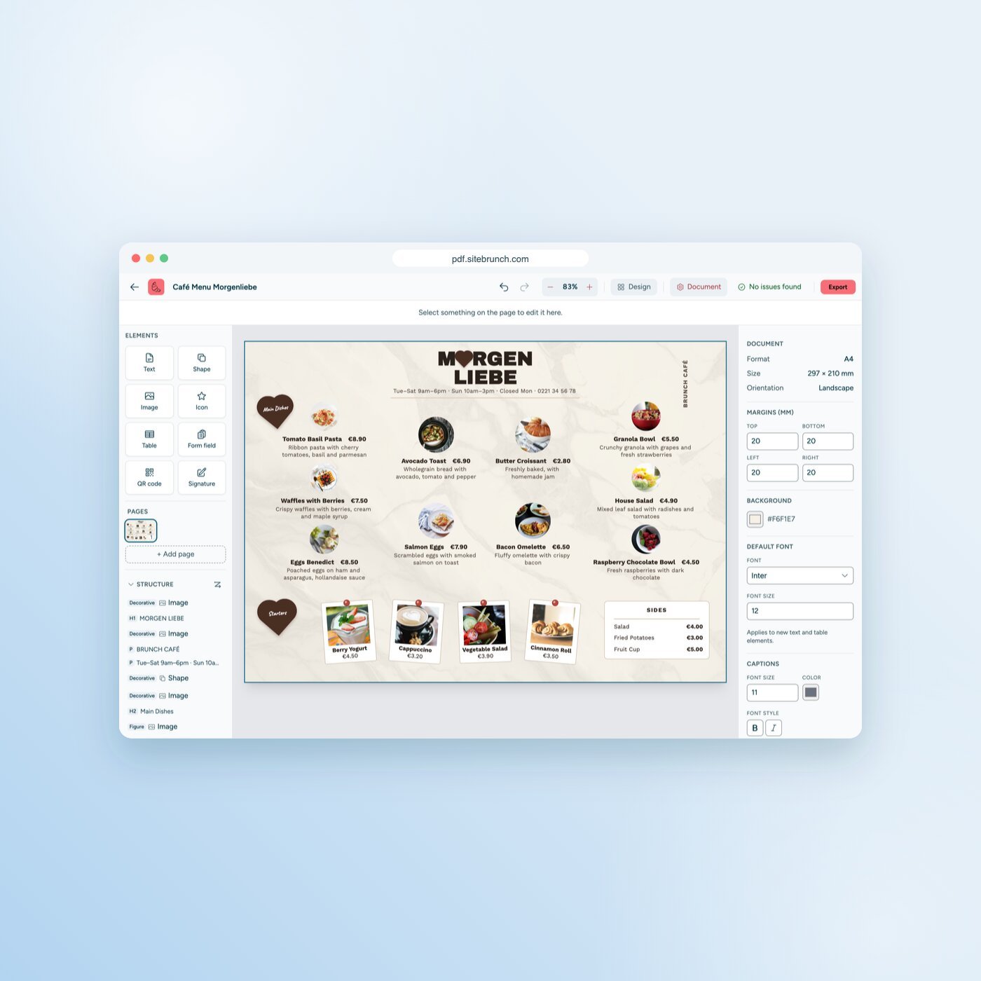 The full sitebrunch PDF editor in the browser with the "Café Menu Morgenliebe" template: elements, pages and structure tree on the left, the menu in the middle, document settings on the right.