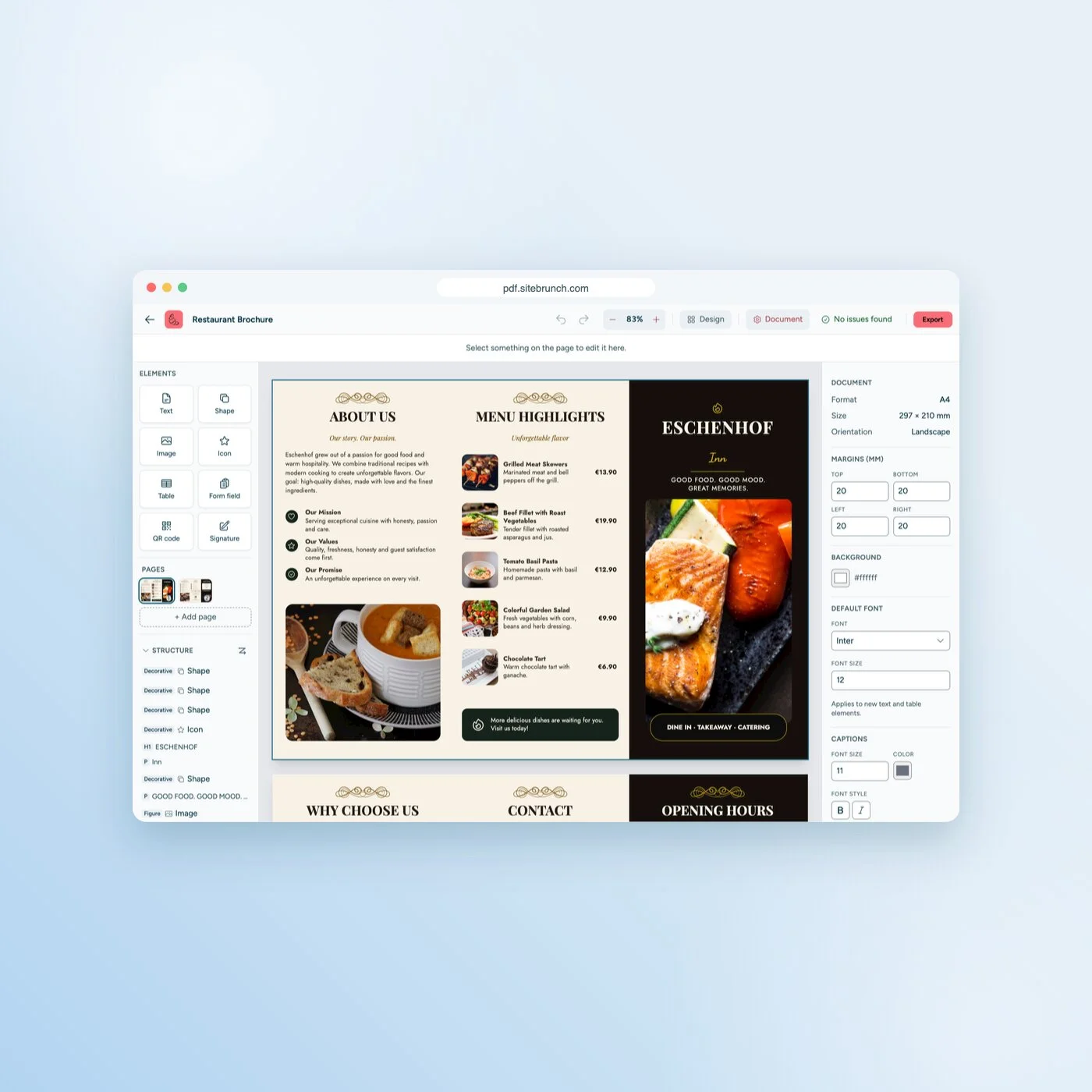 The sitebrunch PDF editor with the "Restaurant Brochure" template: elements, pages and structure tree on the left, the brochure in the middle, document settings on the right.