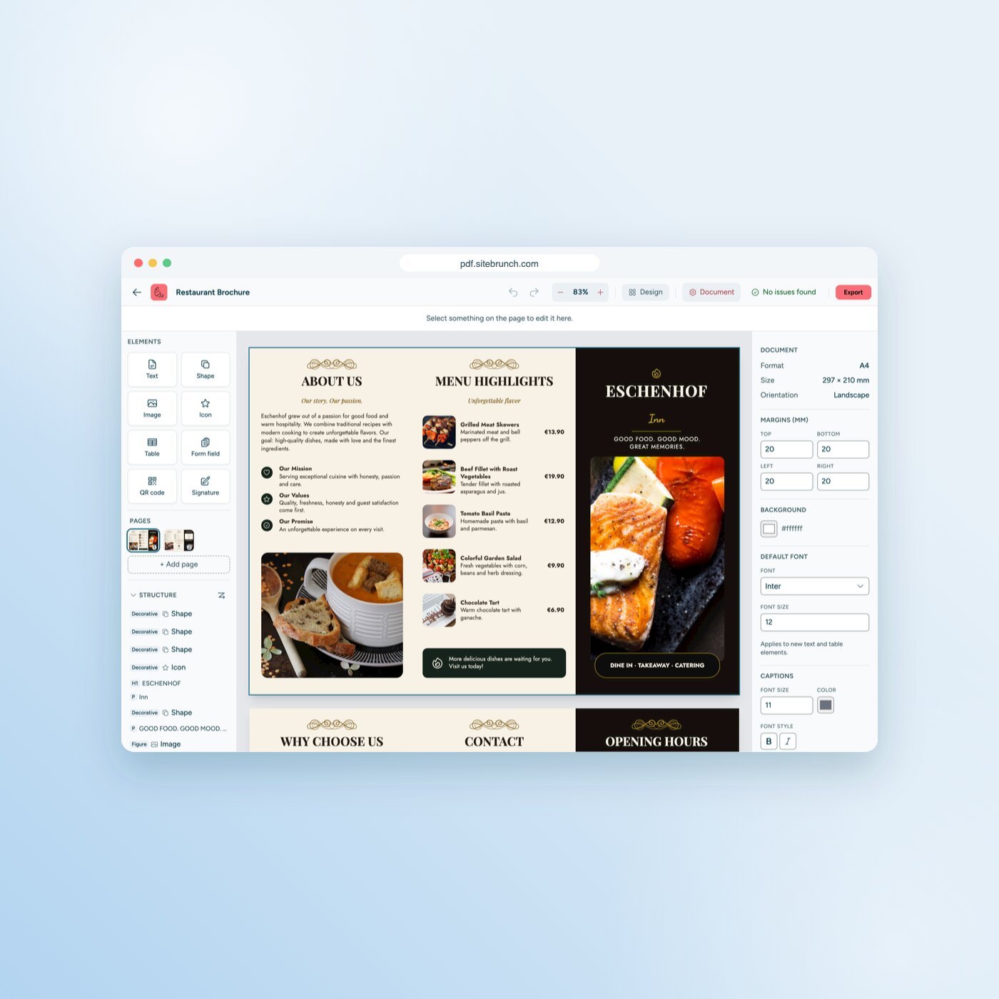 The sitebrunch PDF editor with the "Restaurant Brochure" template: elements, pages and structure tree on the left, the brochure in the middle, document settings on the right.