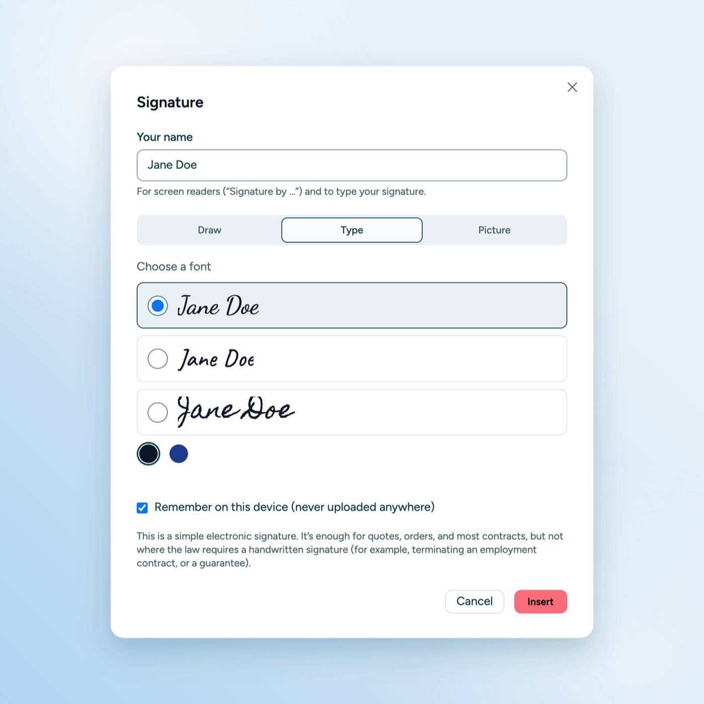 The "Signature" dialog in the sitebrunch PDF editor with the tabs Draw, Type and Picture. The name Jane Doe is shown in three handwriting fonts to choose from.