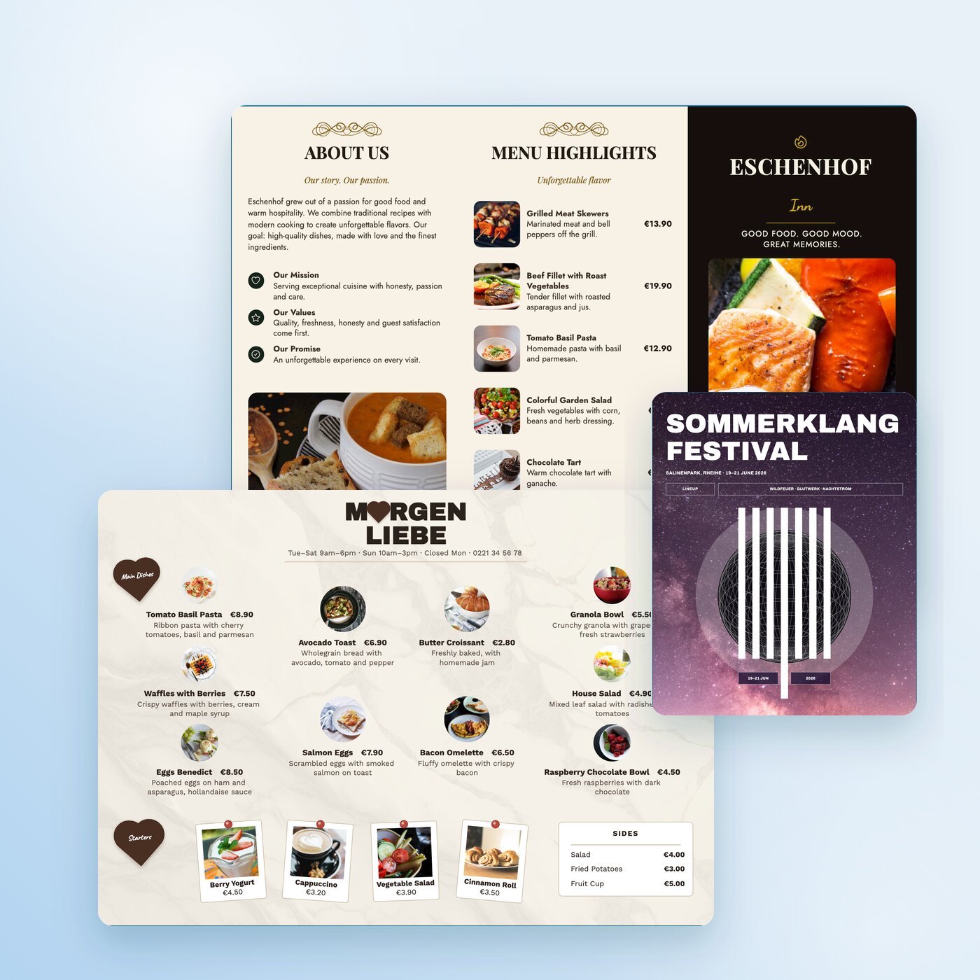 Three templates from the PDF editor: Restaurant Brochure, Café Menu Morgenliebe and Sommerklang Festival Poster.