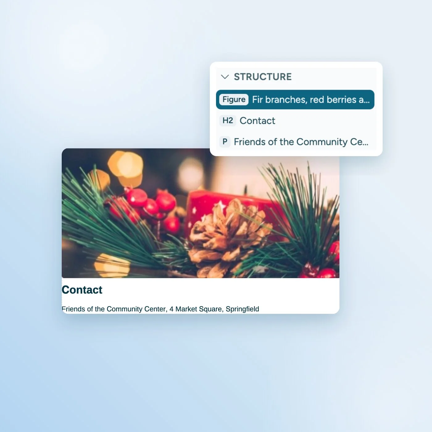 Photo from the Word document in the PDF editor. The structure tree lists it as a Figure with the alt text from Word: "Fir branches, red berries a...".
