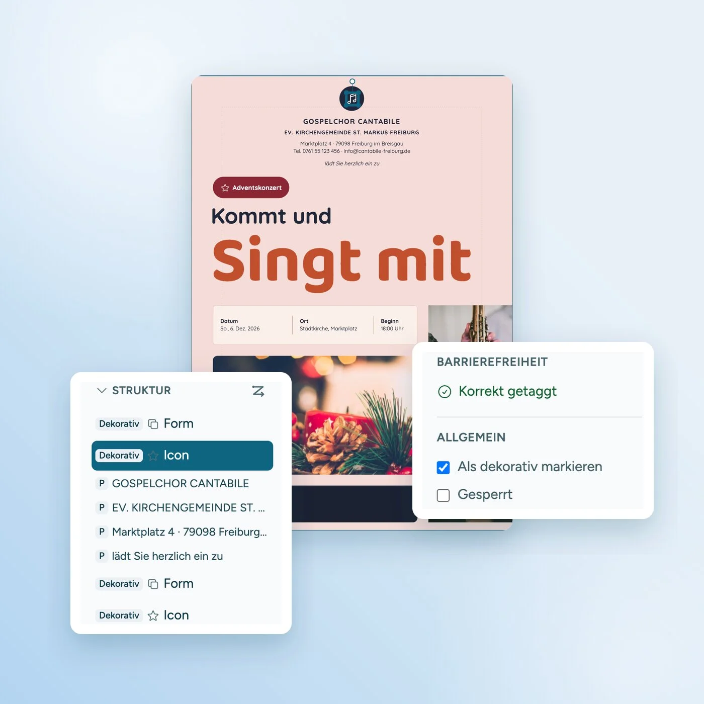 Flyer im PDF-Editor mit ausgewähltem Noten-Icon. Im Strukturbaum ist es als dekorativ markiert, in den Einstellungen ist „Als dekorativ markieren“ aktiviert.