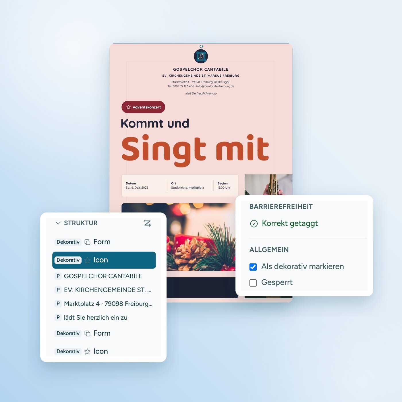 Flyer im PDF-Editor mit ausgewähltem Noten-Icon. Im Strukturbaum ist es als dekorativ markiert, in den Einstellungen ist „Als dekorativ markieren“ aktiviert.