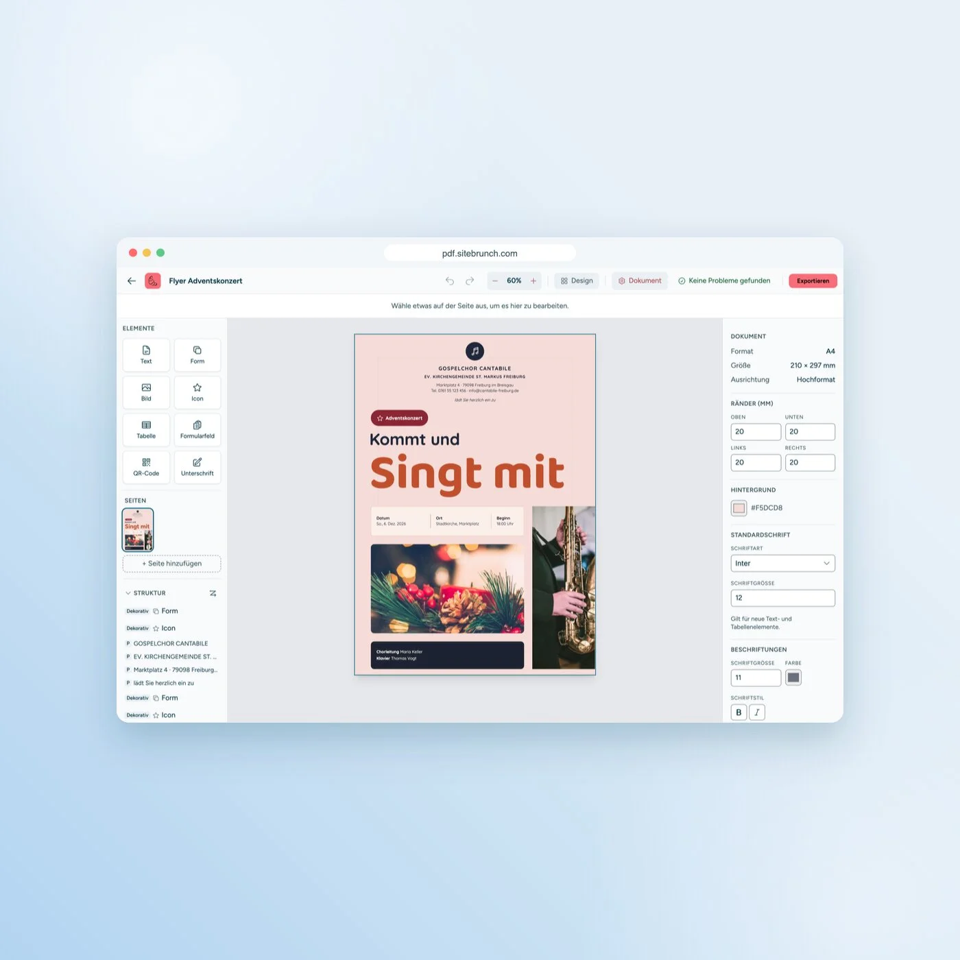 Der sitebrunch PDF-Editor mit der Vorlage „Flyer Adventskonzert“: links Elemente, Seiten und Strukturbaum, in der Mitte der Flyer, rechts die Dokumenteinstellungen.