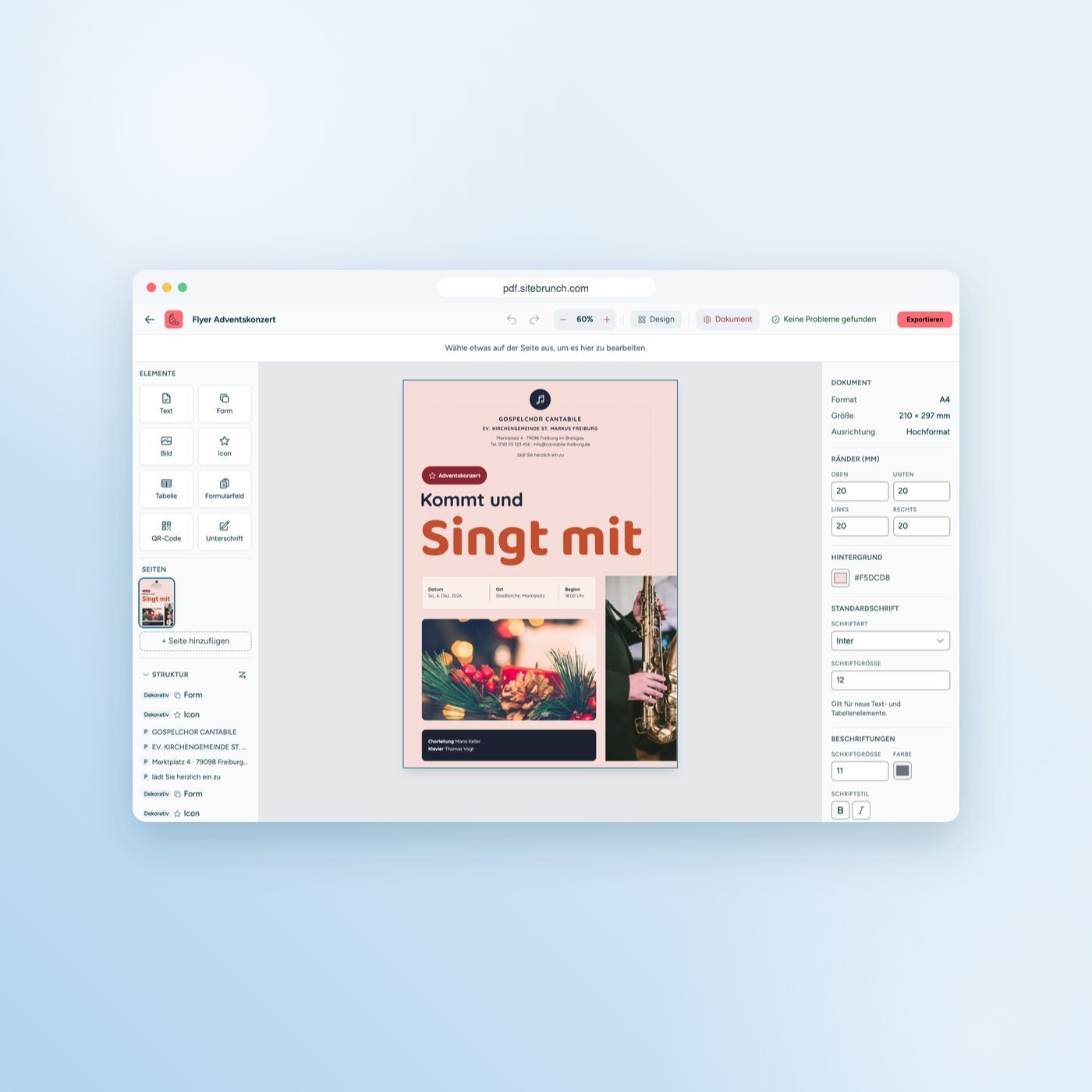 Der sitebrunch PDF-Editor mit der Vorlage „Flyer Adventskonzert“: links Elemente, Seiten und Strukturbaum, in der Mitte der Flyer, rechts die Dokumenteinstellungen.