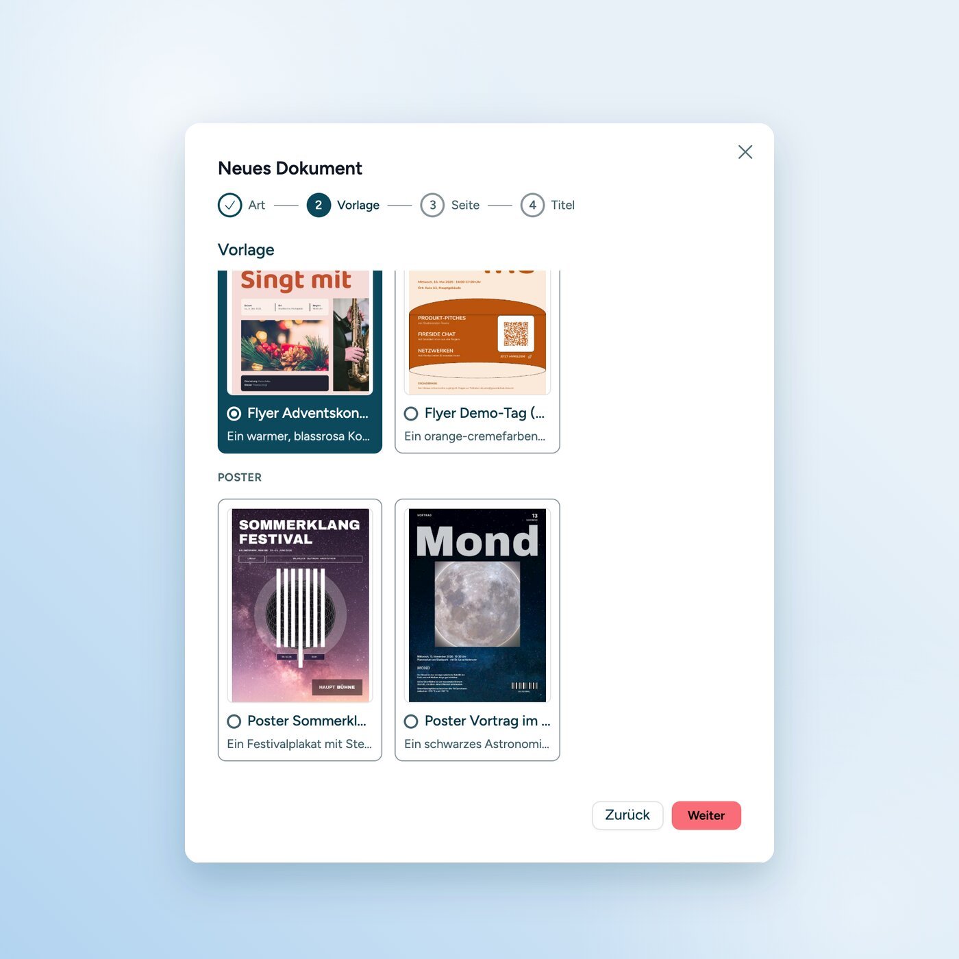 Vorlagenauswahl im PDF-Editor mit Vorschaubildern, sortiert nach Flyer und Poster.