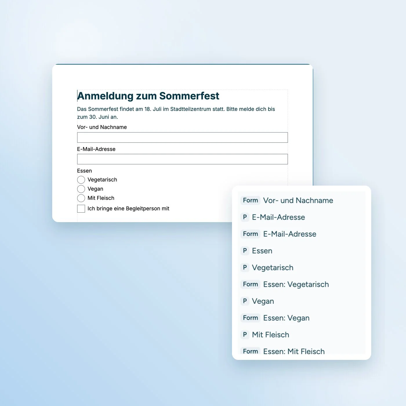 Formular „Anmeldung zum Sommerfest“ mit Textfeldern, einer Optionsgruppe und einem Kontrollkästchen. Davor der Strukturbaum: Jedes Feld ist als Form mit Beschriftung getaggt.