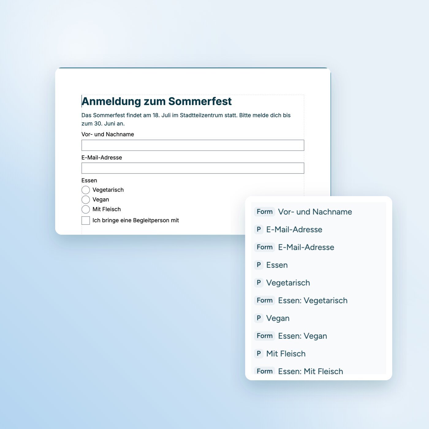 Formular „Anmeldung zum Sommerfest“ mit Textfeldern, einer Optionsgruppe und einem Kontrollkästchen. Davor der Strukturbaum: Jedes Feld ist als Form mit Beschriftung getaggt.