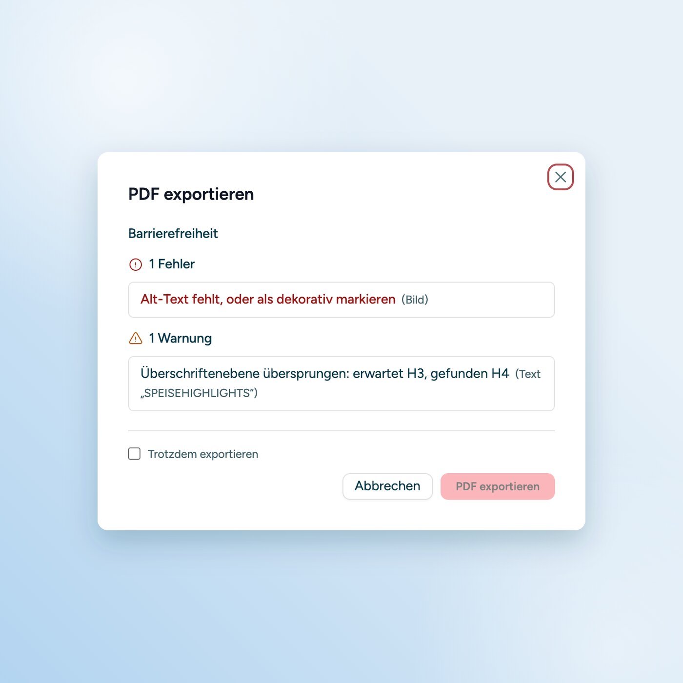 Exportdialog des PDF-Editors. Er zeigt einen Fehler und eine Warnung zur Barrierefreiheit, bevor das PDF entsteht.