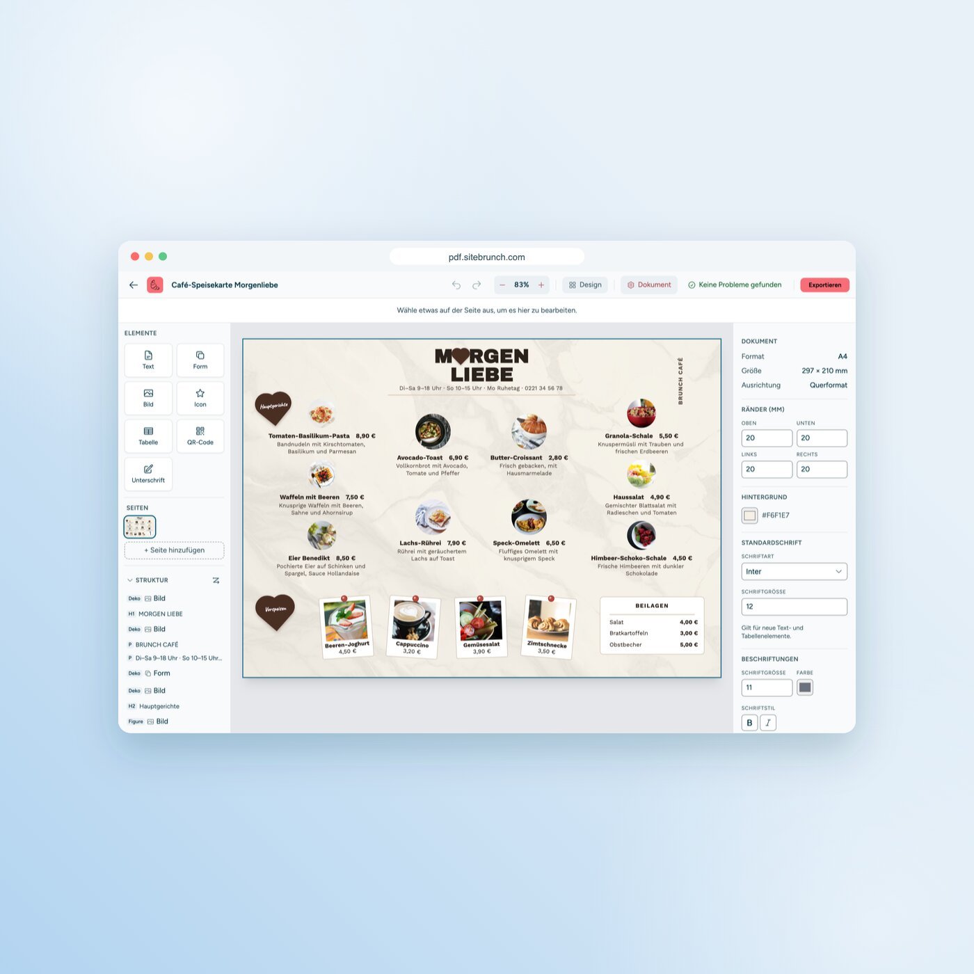 Der komplette sitebrunch PDF-Editor im Browser mit der Vorlage „Café-Speisekarte Morgenliebe“: links Elemente, Seiten und Strukturbaum, in der Mitte die Speisekarte, rechts die Dokumenteinstellungen.