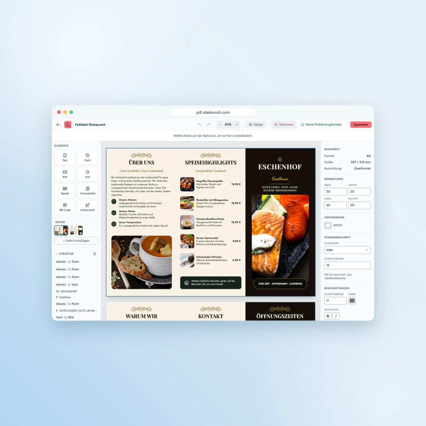 Der sitebrunch PDF-Editor mit der Vorlage „Faltblatt Restaurant“: links Elemente, Seiten und Strukturbaum, in der Mitte das Faltblatt, rechts die Dokumenteinstellungen.