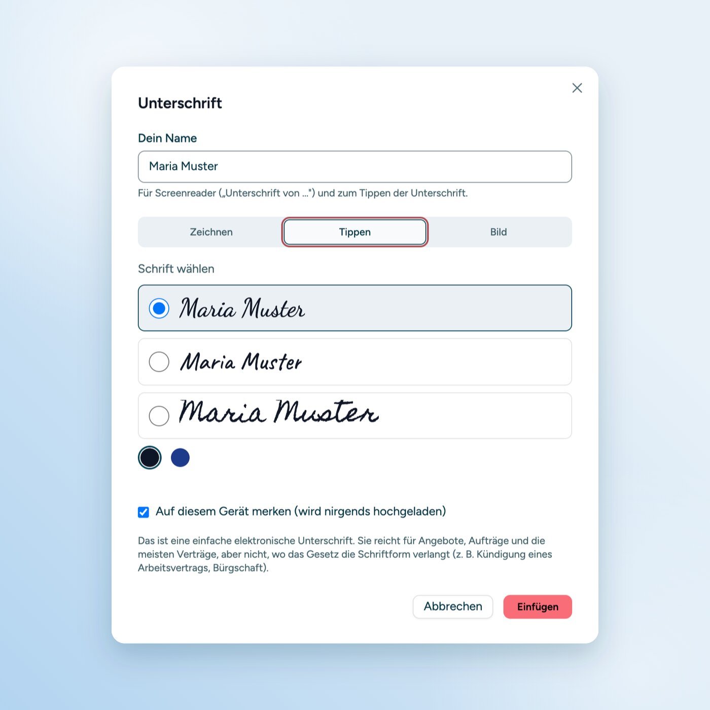 Dialog „Unterschrift“ im sitebrunch PDF-Editor mit den Reitern Zeichnen, Tippen und Bild. Der Name Maria Muster ist in drei Handschriften zur Auswahl gesetzt.