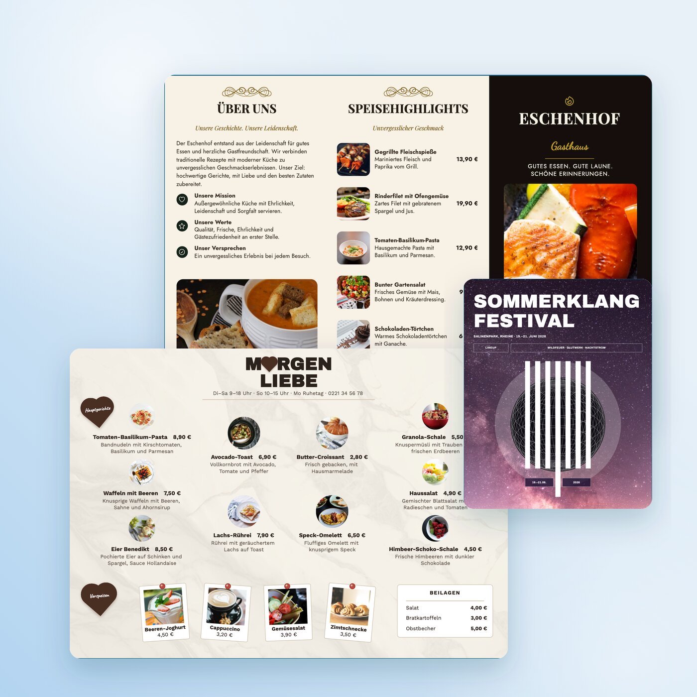 Drei Vorlagen aus dem PDF-Editor: Faltblatt Restaurant, Café-Speisekarte Morgenliebe und Poster Sommerklang Festival.