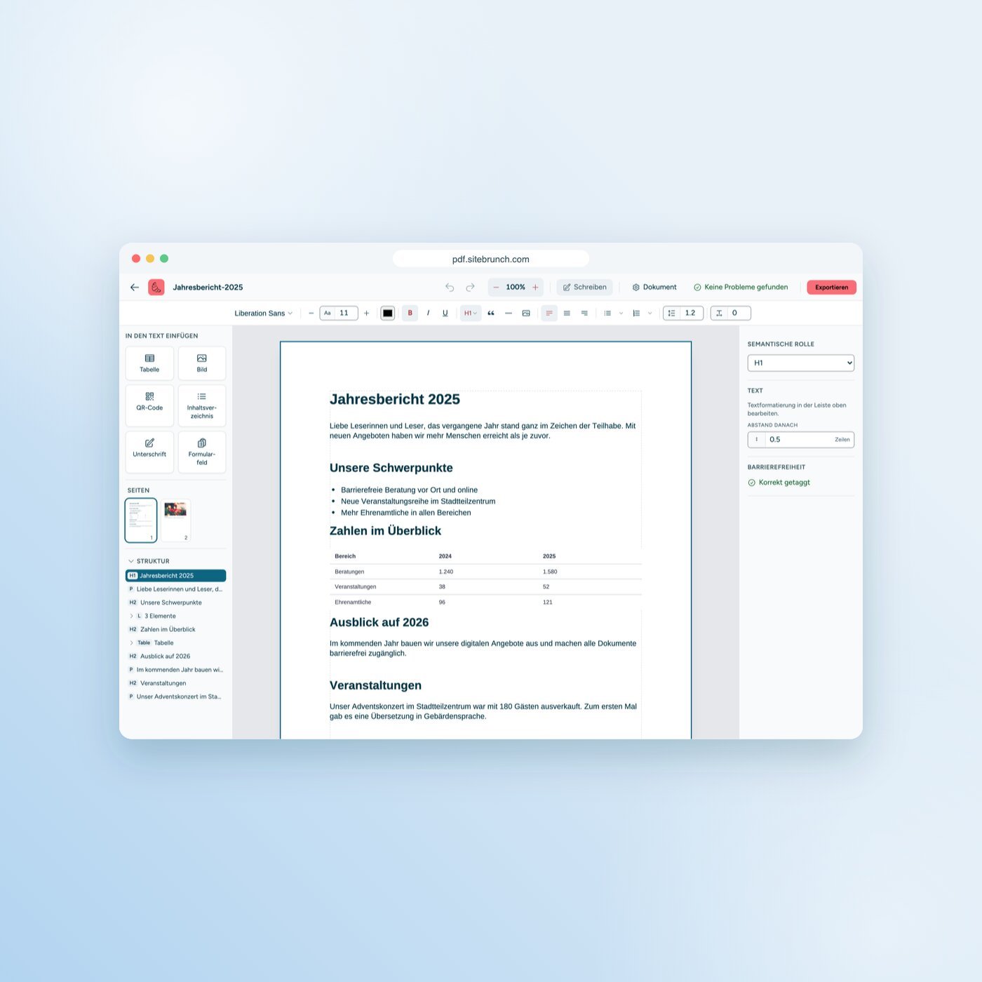 Ein aus Word importierter Jahresbericht im sitebrunch PDF-Editor, geöffnet im Schreibmodus. Links der Strukturbaum mit Überschriften, Liste und Tabelle.