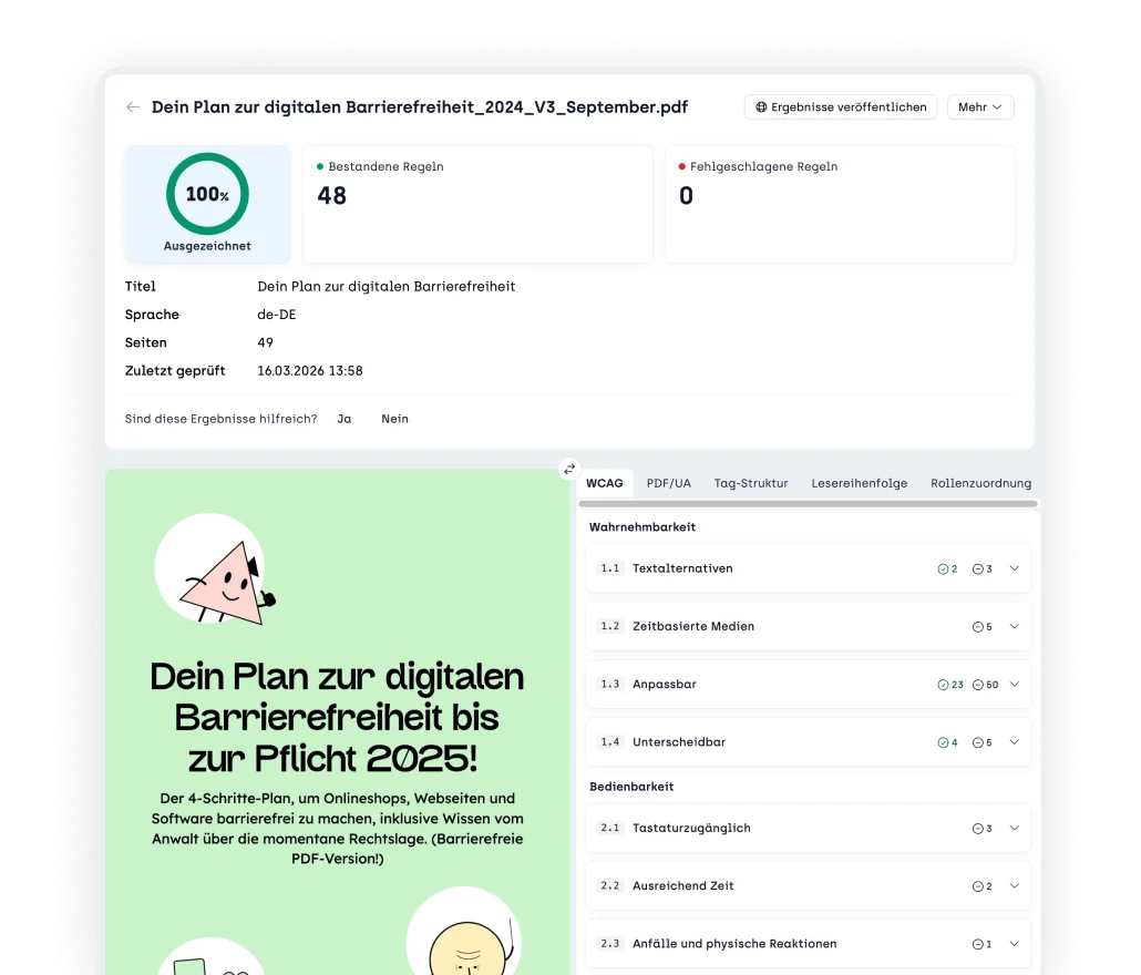 Screenshot eines PDF das automatisiert auf Barrierefreiheit getestet wird