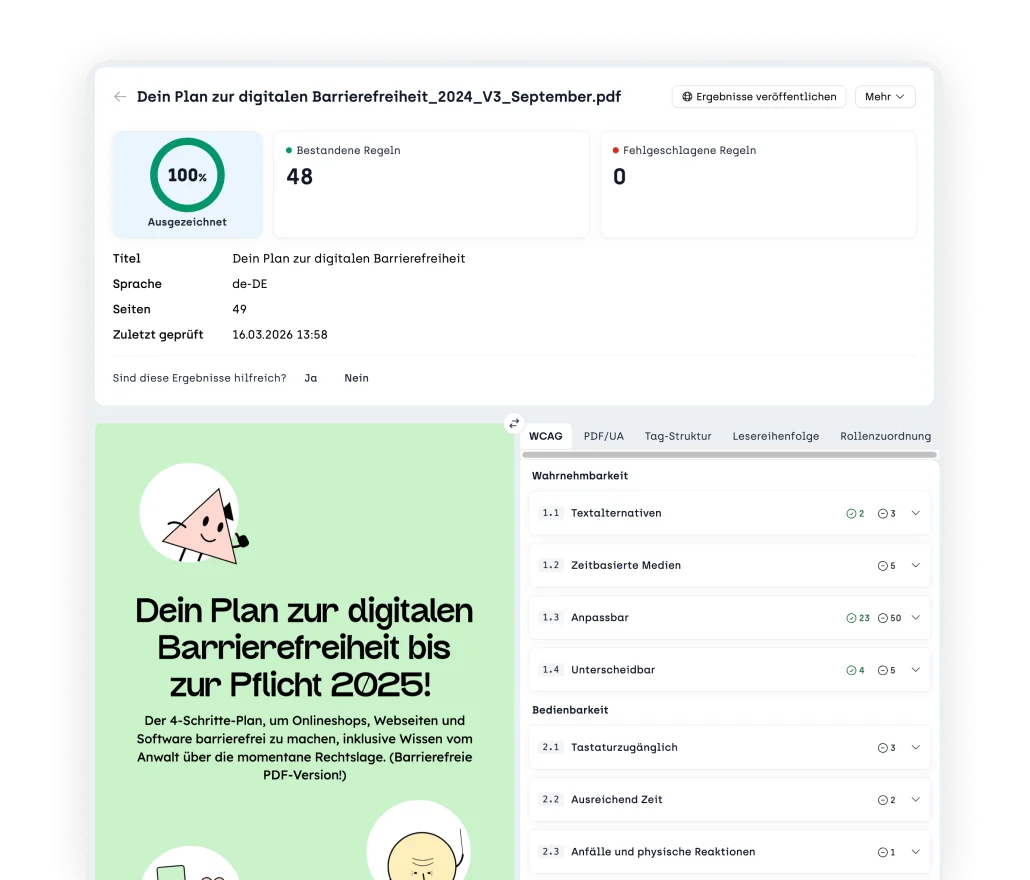 Screenshot eines PDF das automatisiert auf Barrierefreiheit getestet wird