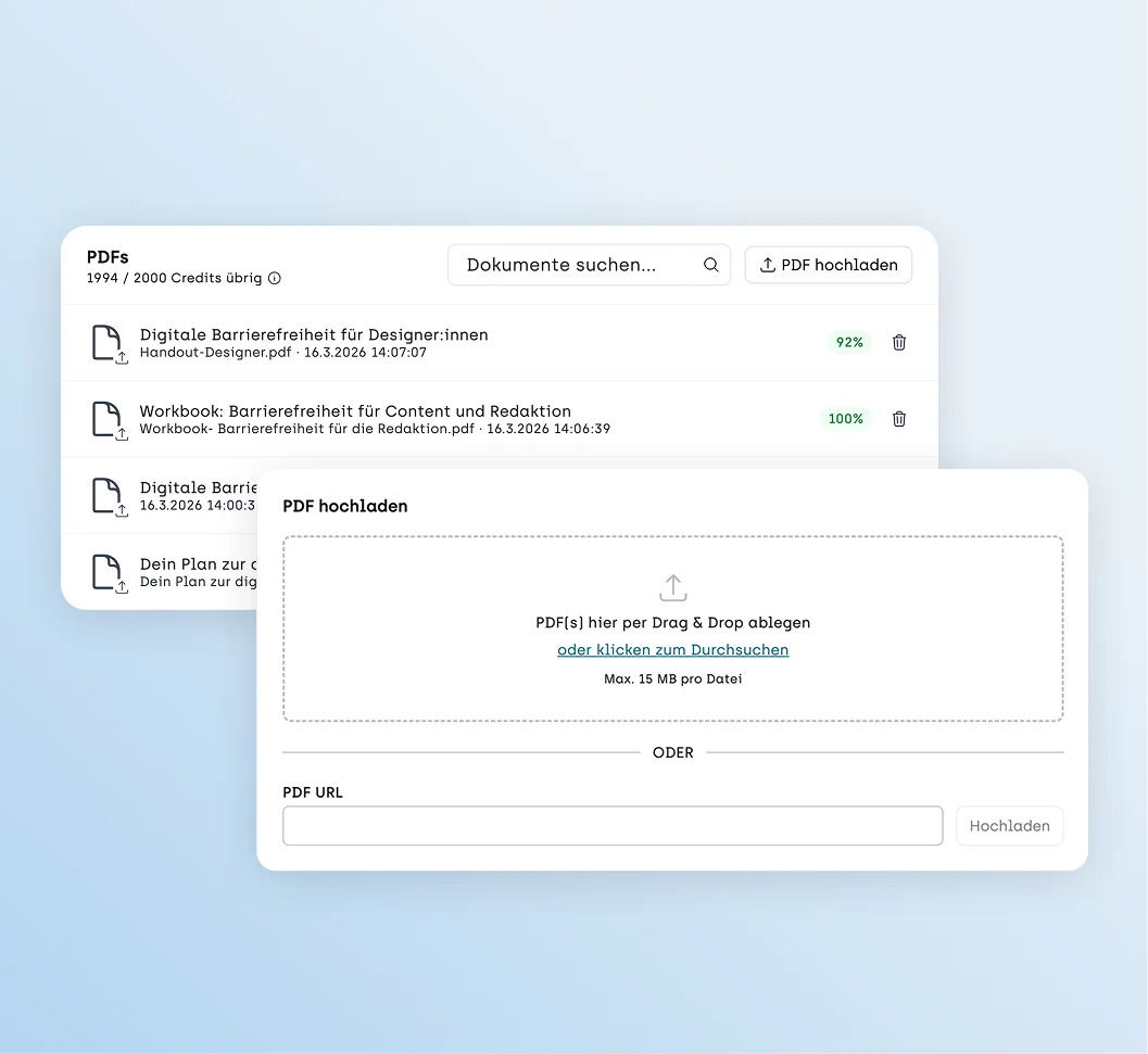 Screenshot von Sitebrunch lade einzelne PDF hoch und prüfe sie auf digitale barrierefreiheit
