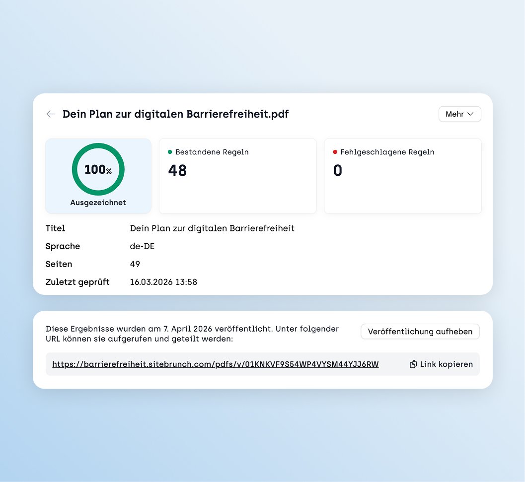 screenshot sitebrunch accessibility zeigt dass der Prüfbericht eines PDF über URL geteilt werden kann