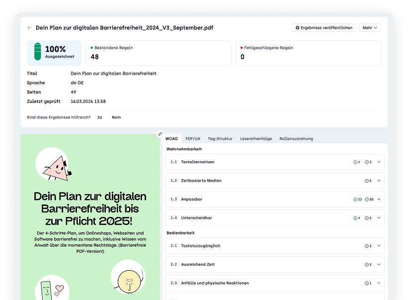 Screenshot sitebrunch accessibility vom prüfen eines PDF auf WCAG und PDF / UA