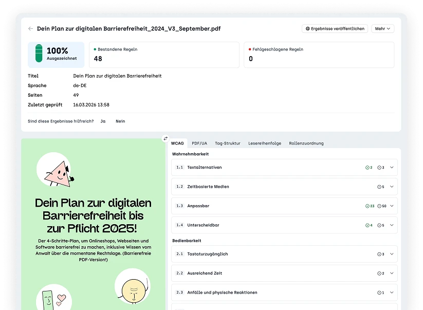 Screenshot sitebrunch accessibility vom prüfen eines PDF auf WCAG und PDF / UA