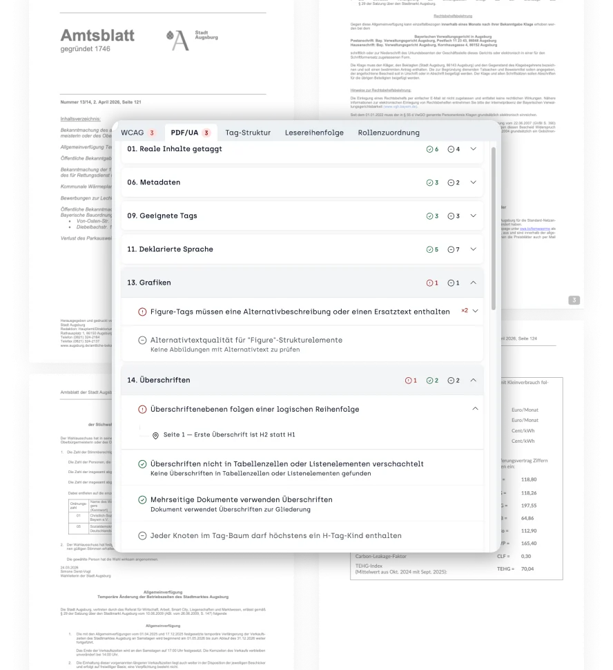 Screenshot PDF / UA Analyse mit einem Verstoß bei Grafiken und Überschriften