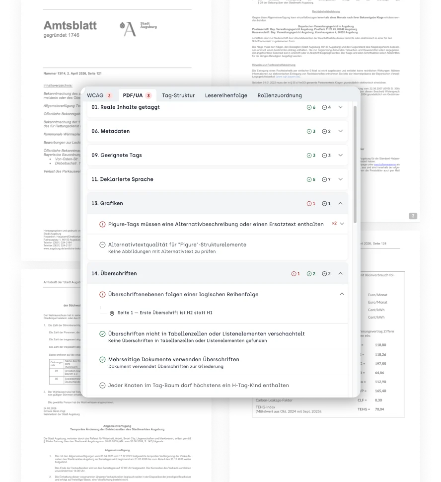 Screenshot PDF / UA Analyse mit einem Verstoß bei Grafiken und Überschriften