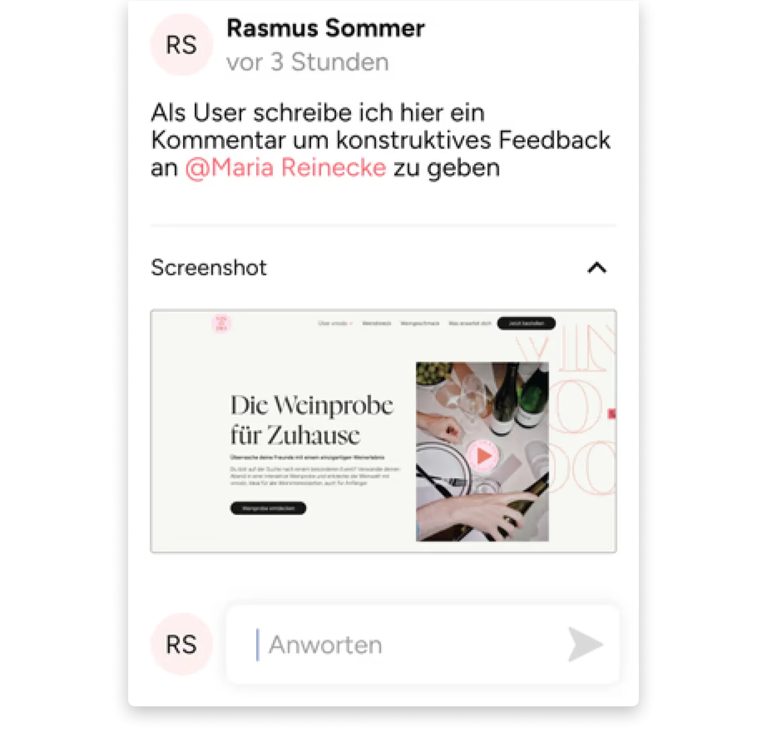 Ein Screenshot eines Kommentars von Rasmus Sommer. Er schreibt "Als User schreibe ich hier ein Kommentar um konstruktives Feedback an @Maria Reinecke zu geben. Darunter ist ein Screenshot der Website zu sehen.
