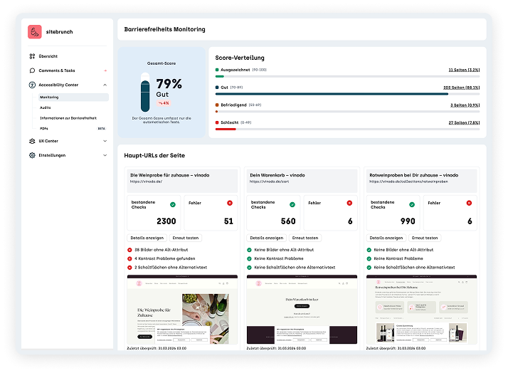 Screenshot WCAG Monitoring von sitebrunch accessibility