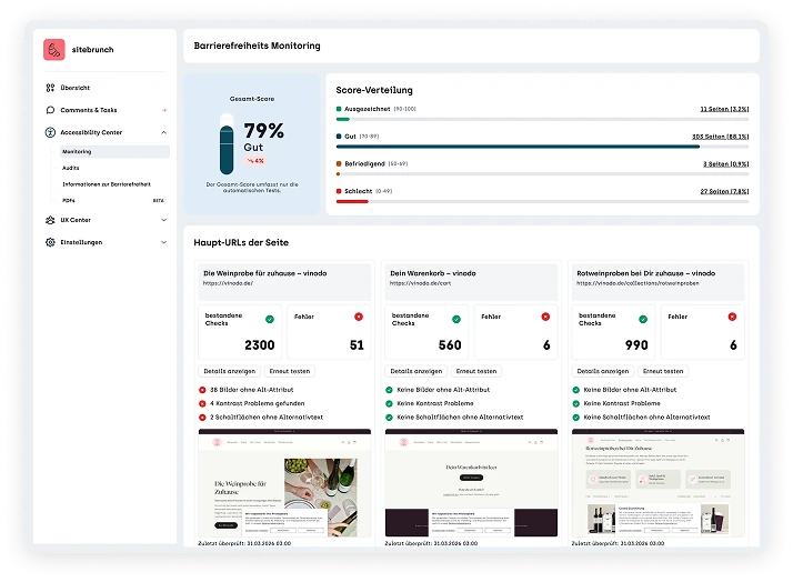 Screenshot WCAG Monitoring von sitebrunch accessibility