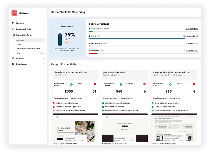Screenshot WCAG Monitoring von sitebrunch accessibility