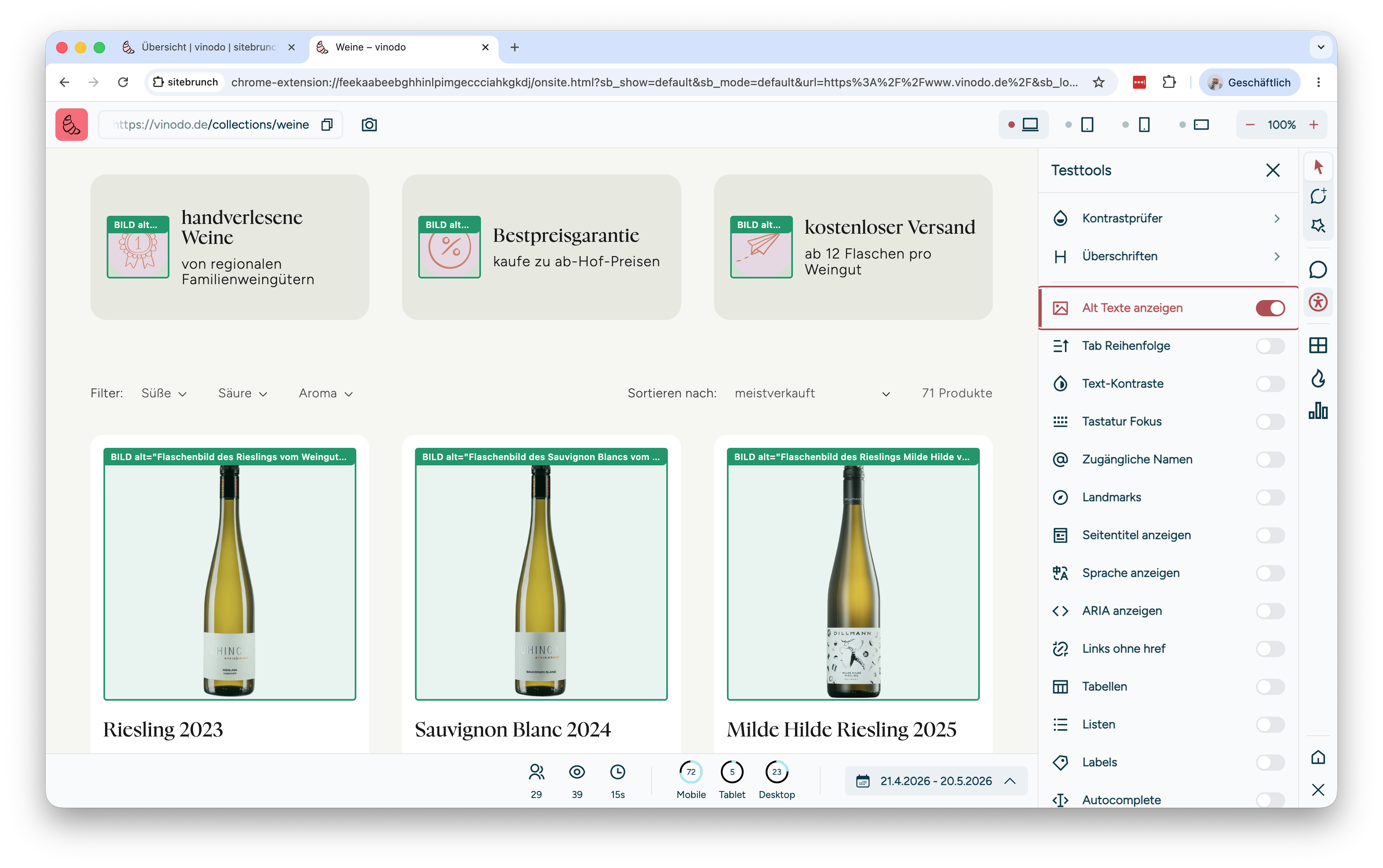 Screenshot der Audit Tools in der Browser Extension in dem gereae Alt Texte auf einer Website eingeblendet werden.