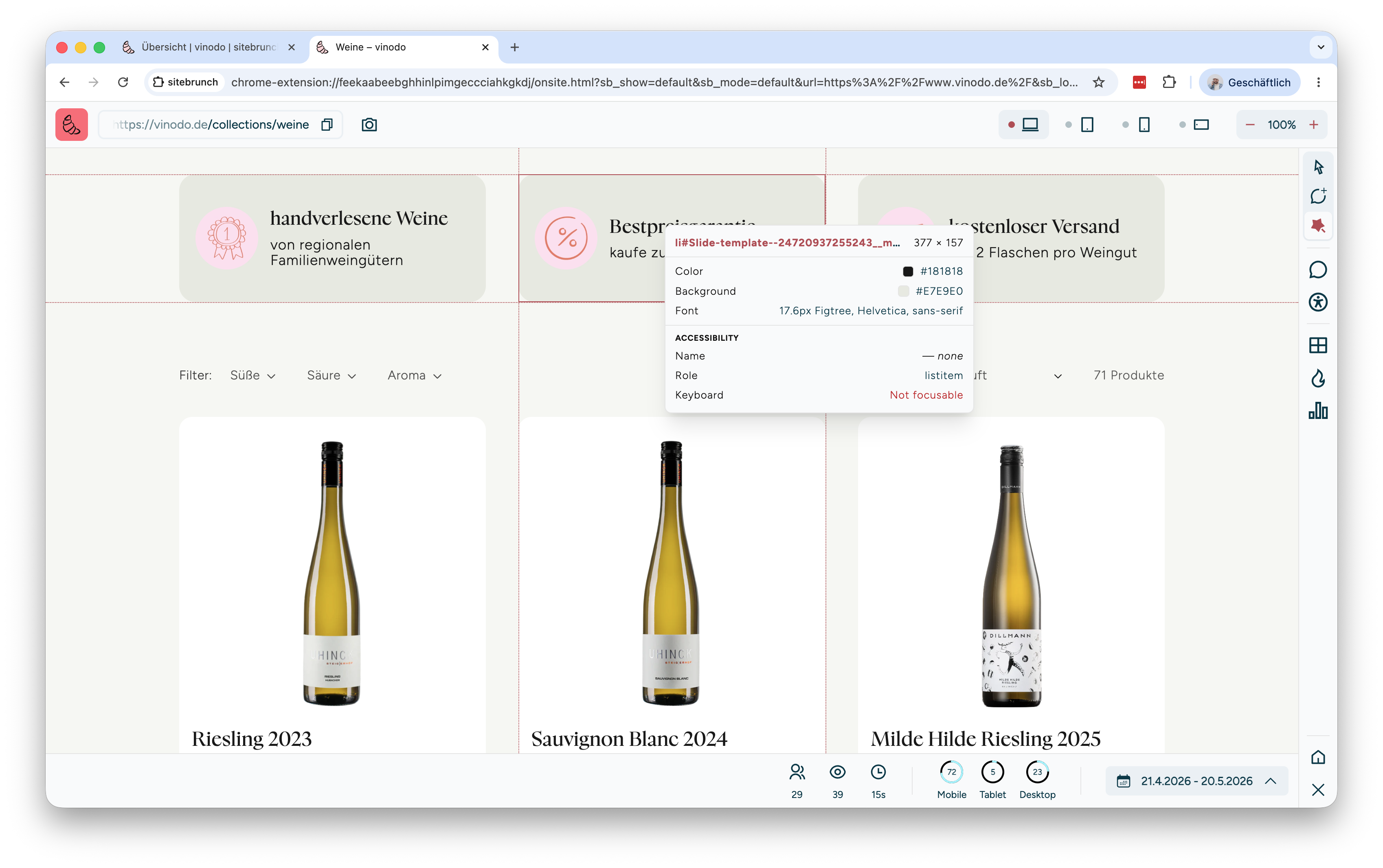 Screenshot von sitebrunch Browser Extension in der gerade ein einzelnes Element auf einer Website analysiert wird.